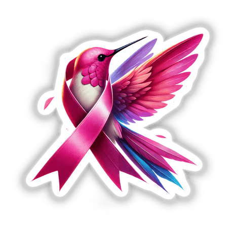 Hummingbird Pink Ribbon Breast Cancer artwork featuring a cartoon hummingbird adorned with a pink ribbon, available as stickers or digital artwork.