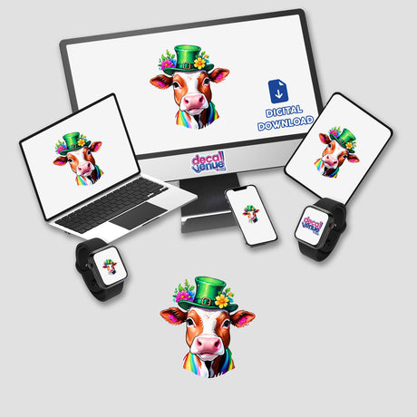 St. Paddy's Moo: Cute Cow in Floral Splash Hat Sticker featuring a cow in a green hat displayed on a laptop and monitor screen. Available as stickers or digital artwork.