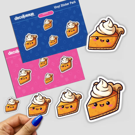 Sticker pack titled Kawaii Pumpkin Pie Slice with Whipped Cream Hat, featuring cartoon pies in various playful designs. Available as stickers or digital artwork from Decal Venue.