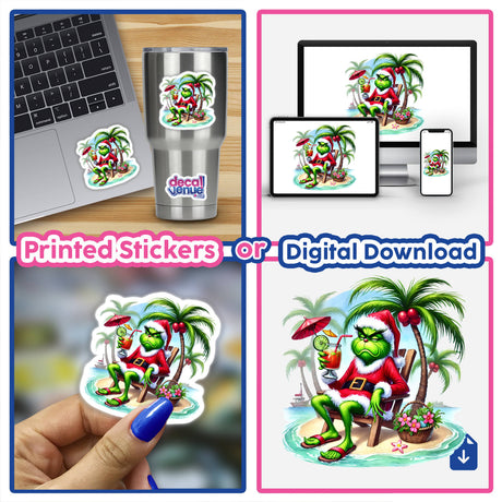 Green Grouch Tropical Santa Relaxing on Beach sticker set, featuring a cartoon cat in a Santa outfit lounging on a beach chair, available as stickers or digital artwork.