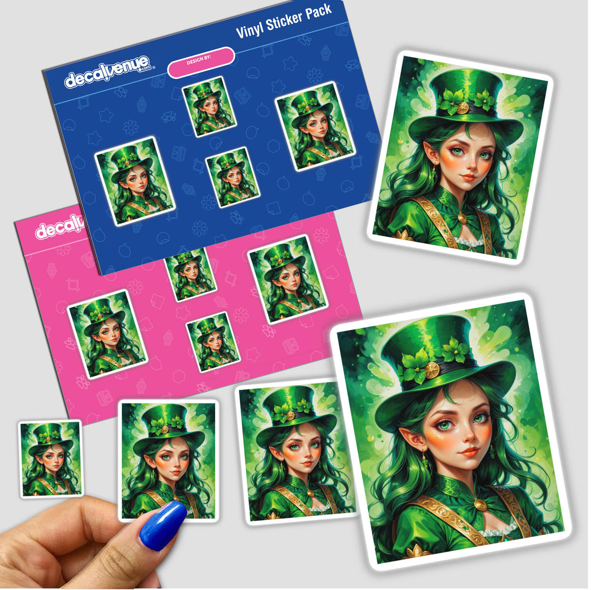 A Cute St. Patrick's Day Girl sticker pack featuring a cartoon woman in a green hat, perfect for festive decorations, available at Decal Venue.