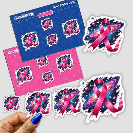 Pink Ribbon and Galaxy Breast Cancer Awareness sticker pack featuring pink ribbons, stars, and planets. Available as stickers or digital artwork.