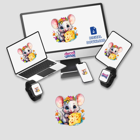 Mouse Eating Cheese digital artwork featuring a cartoon mouse holding cheese, displayed on a laptop and computer monitor. Available as stickers or digital art from Decal Venue.