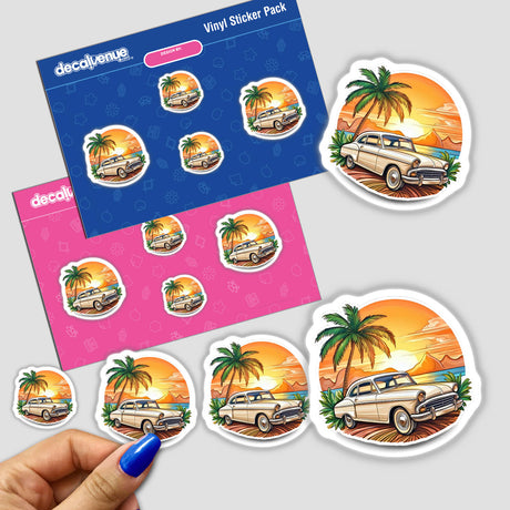 Vintage classic car silhouettes in tropical sunset scene, colorful vinyl sticker pack for Decal Venue, featuring palm trees and beach landscape