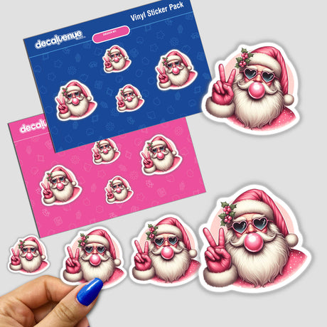 Retro Pink Christmas Santa Claus Blowing Bubble sticker features a cartoon Santa with bubble gum and sunglasses, ideal for unique decorations. Available as stickers or digital artwork from Decal Venue.