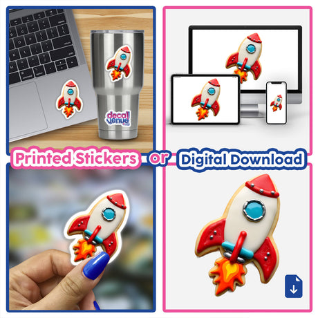 Rocket Shaped Cookie with Red Flames and Silver Details beside a laptop and collage of stickers.