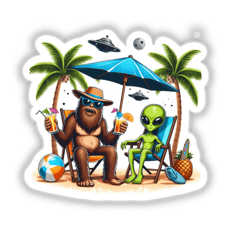 Sasquatch and Alien Chillin on Beach II features a cartoon alien and furry creature relaxing under an umbrella, one holding a drink. Available as stickers or digital artwork.