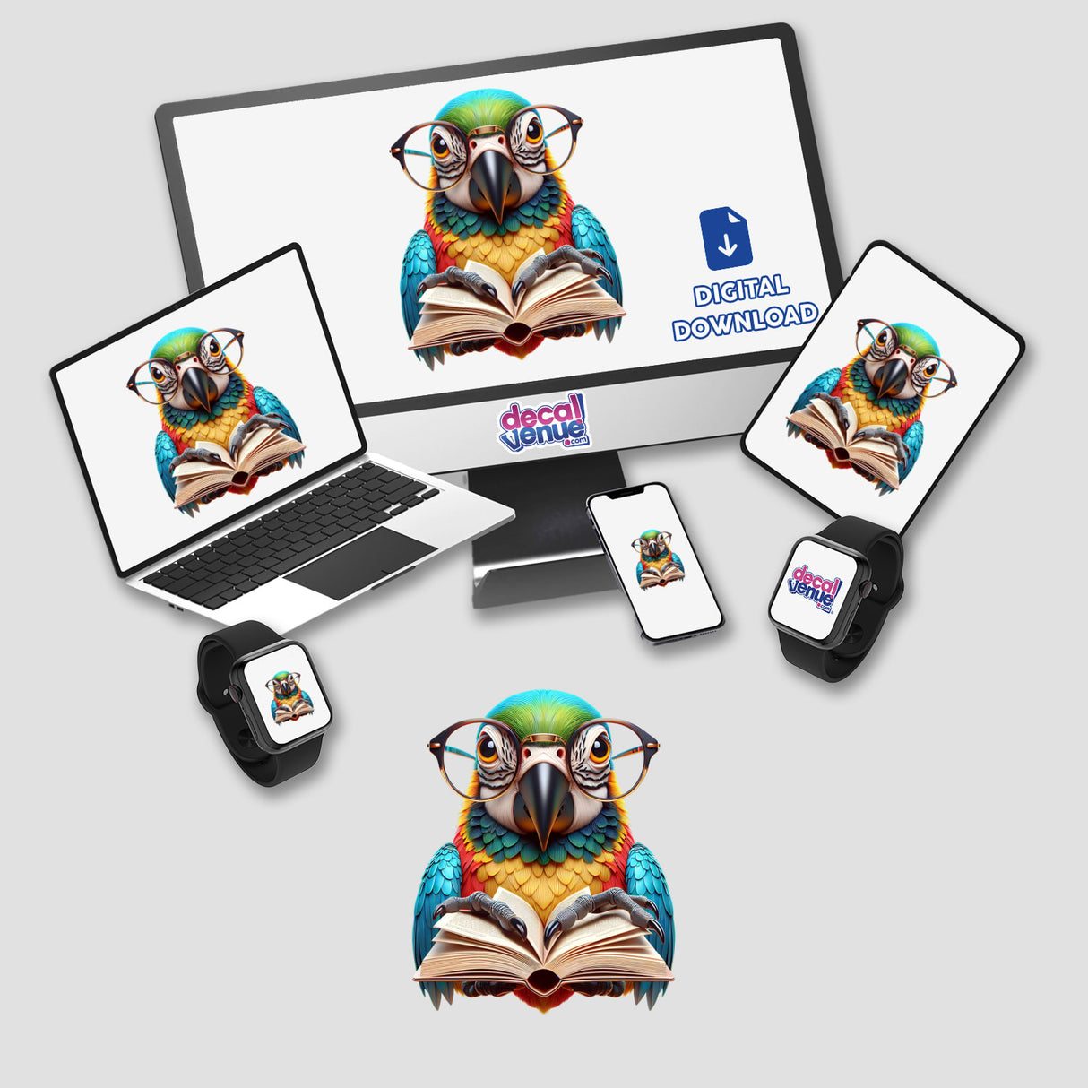 Parrot With Reading Glasses Open Book depicted on a laptop and monitor; available as unique stickers or digital artwork from Decal Venue.