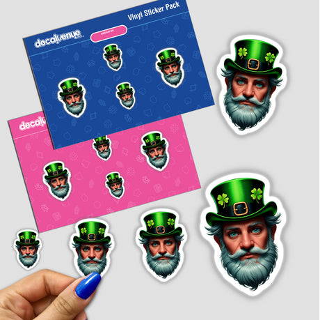 St. Patrick's Day Leprechaun sticker featuring a cartoon man with a beard and leprechaun hat, available as stickers or digital artwork.