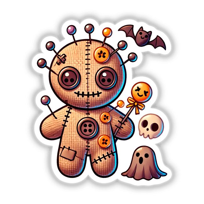 Halloween Voodoo Doll cartoon with button eyes and stitched mouth, available as stickers or digital artwork.