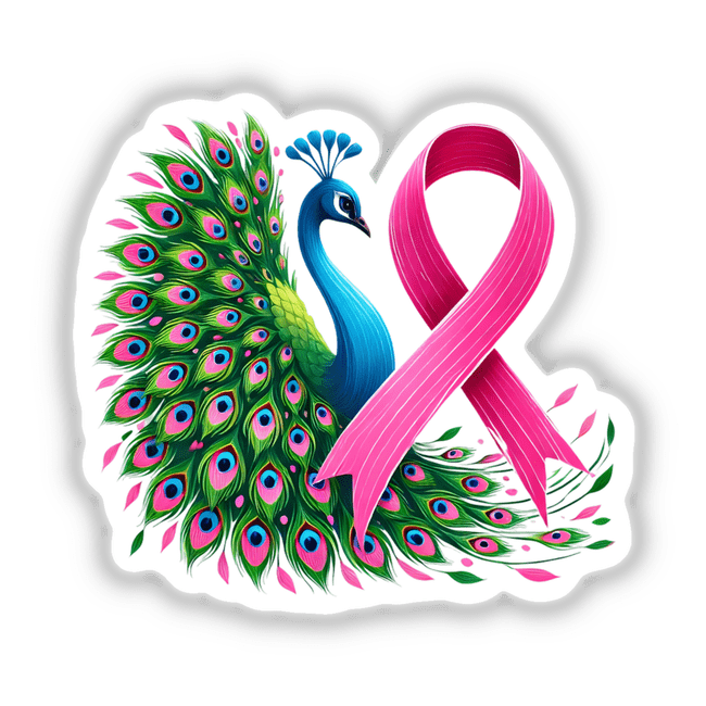 Pink Ribbon Peacock Breast Cancer design featuring a detailed peacock illustration intertwined with a pink ribbon, available as stickers or digital artwork.