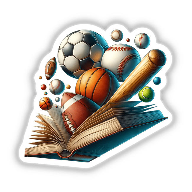 Sports Equipment Emerging from an Open Book.png shows various sports balls, including a football, basketball, and tennis ball, dynamically flying out from an open book, symbolizing sports and literary inspiration.