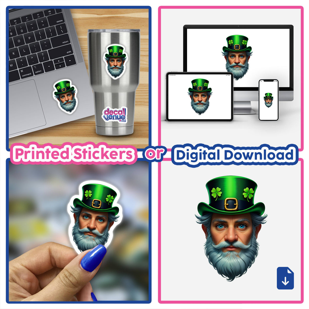 St. Patrick's Day Leprechaun sticker featuring a bearded man with a green hat, sitting at a laptop. Available as unique stickers or digital artwork from Decal Venue.