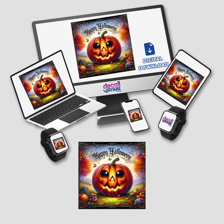 Bronze Halloween Series 6: A computer monitor and laptop display a pumpkin with a face, representing unique stickers or digital artwork from Decal Venue.