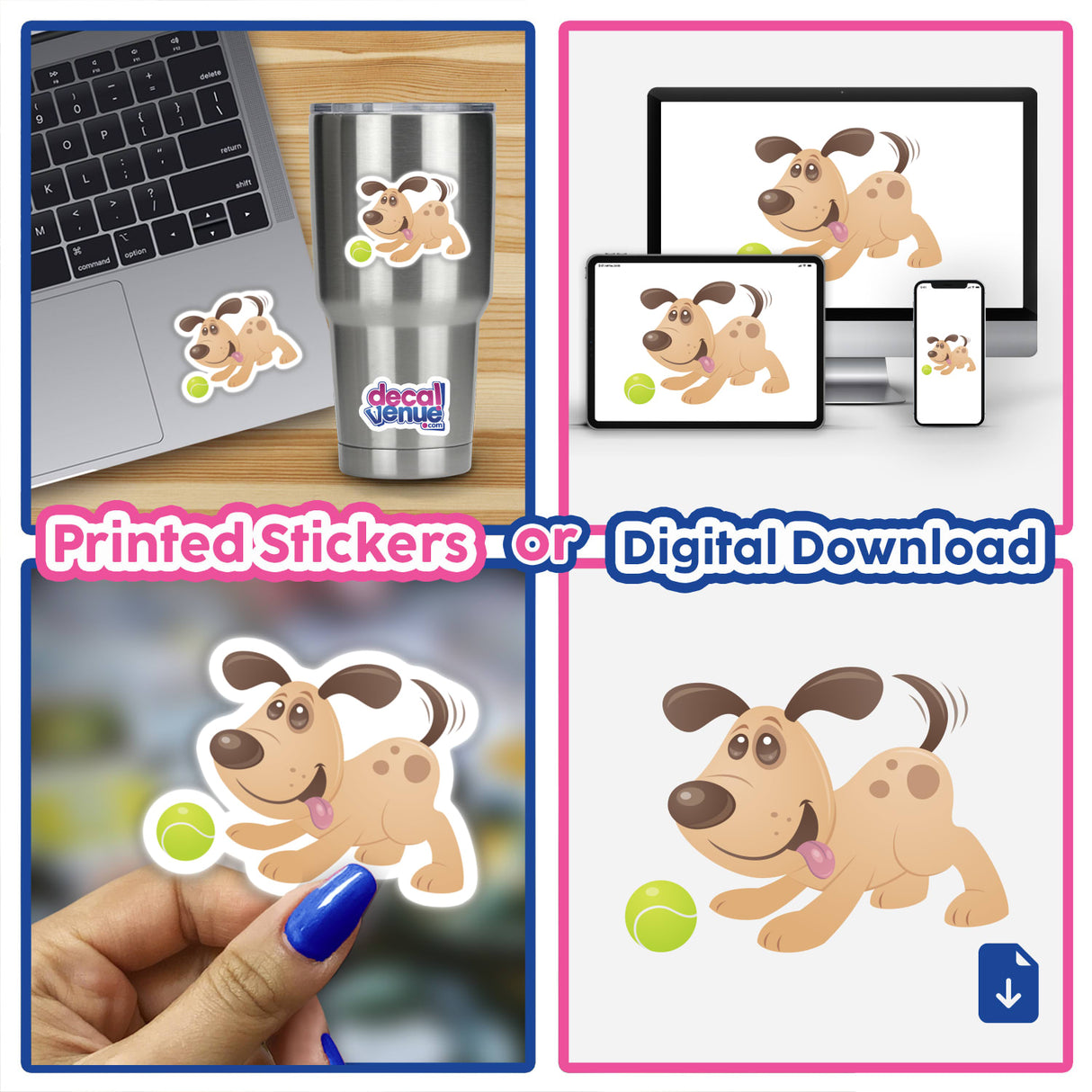 Collage showcasing the Playful Puppy sticker, featuring a cartoon dog with a tennis ball, applied on a cup and laptop, highlighting its versatility from Decal Venue's unique sticker collection.