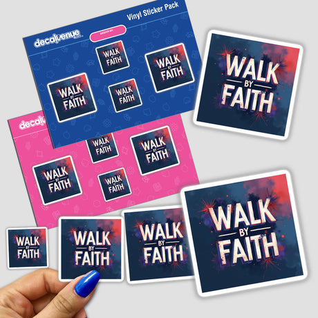 Hand holding Walk by Faith Christian Sticker pack, featuring Bible Verse Sticker or Clipart for commercial use, embodying Decal Venue's unique sticker and digital art offerings.