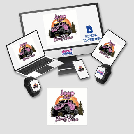 Sarcastic Quotes Series 5: A computer monitor and laptop display a digital illustration of a pink jeep, available as stickers or digital artwork.