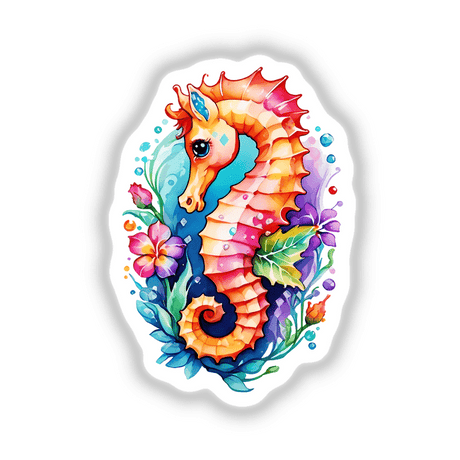 Cute Seahorse Intertwined with Flowers sticker or digital artwork, featuring a charming seahorse adorned with vibrant flowers and leaves, ideal for adding a whimsical touch to any surface.