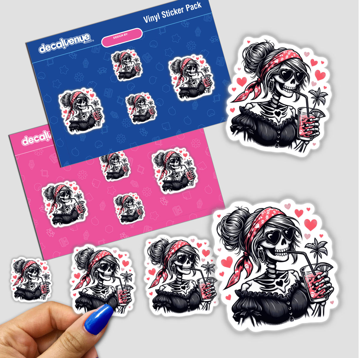 Valentine Skeleton Mama Zombie Hearts stickers feature a skeleton woman with sunglasses holding a drink, available as vinyl decals or digital artwork from Decal Venue.