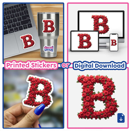 Elegant Floral Letter B Clipart - Downloadable Sticker with roses, shown on a laptop and close-up views. Available as stickers or digital artwork with commercial rights.