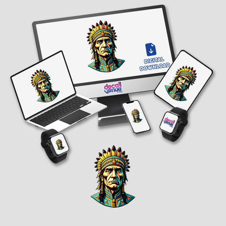 Native American Warrior Chief artwork on various digital screens and devices, available as stickers or digital art. The image depicts a cartoon of a man in a headdress.