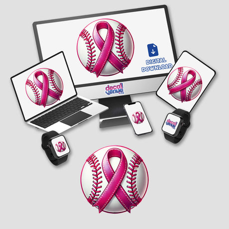 Baseball Pink Ribbon Breast Cancer: Digital artwork showing a laptop, smartwatches, and a baseball, all featuring a pink ribbon symbol, available as stickers or digital art.