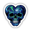 Galactic Heart Skull sticker or digital art; a blue and green skull with space swirls and stars, featuring cartoon teeth, embodying unique and artistic design from Decal Venue.