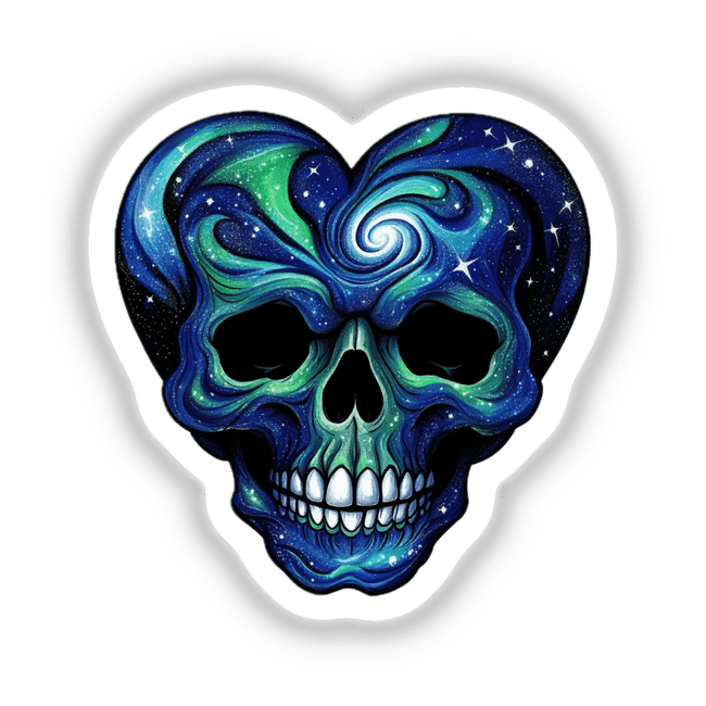 Galactic Heart Skull sticker or digital art; a blue and green skull with space swirls and stars, featuring cartoon teeth, embodying unique and artistic design from Decal Venue.