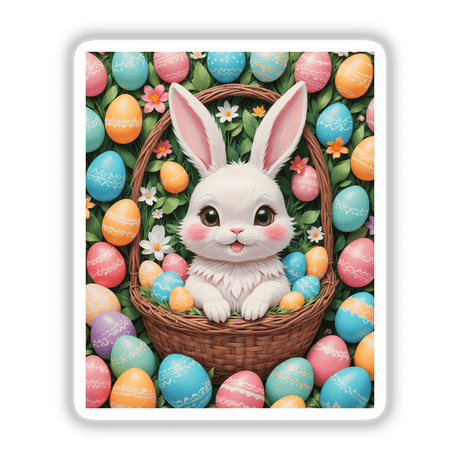 Cute Easter Bunny in a Basket with Eggs sticker or digital artwork, showcasing a whimsical bunny nestled among eggs, capturing a playful Easter theme. Available at Decal Venue.