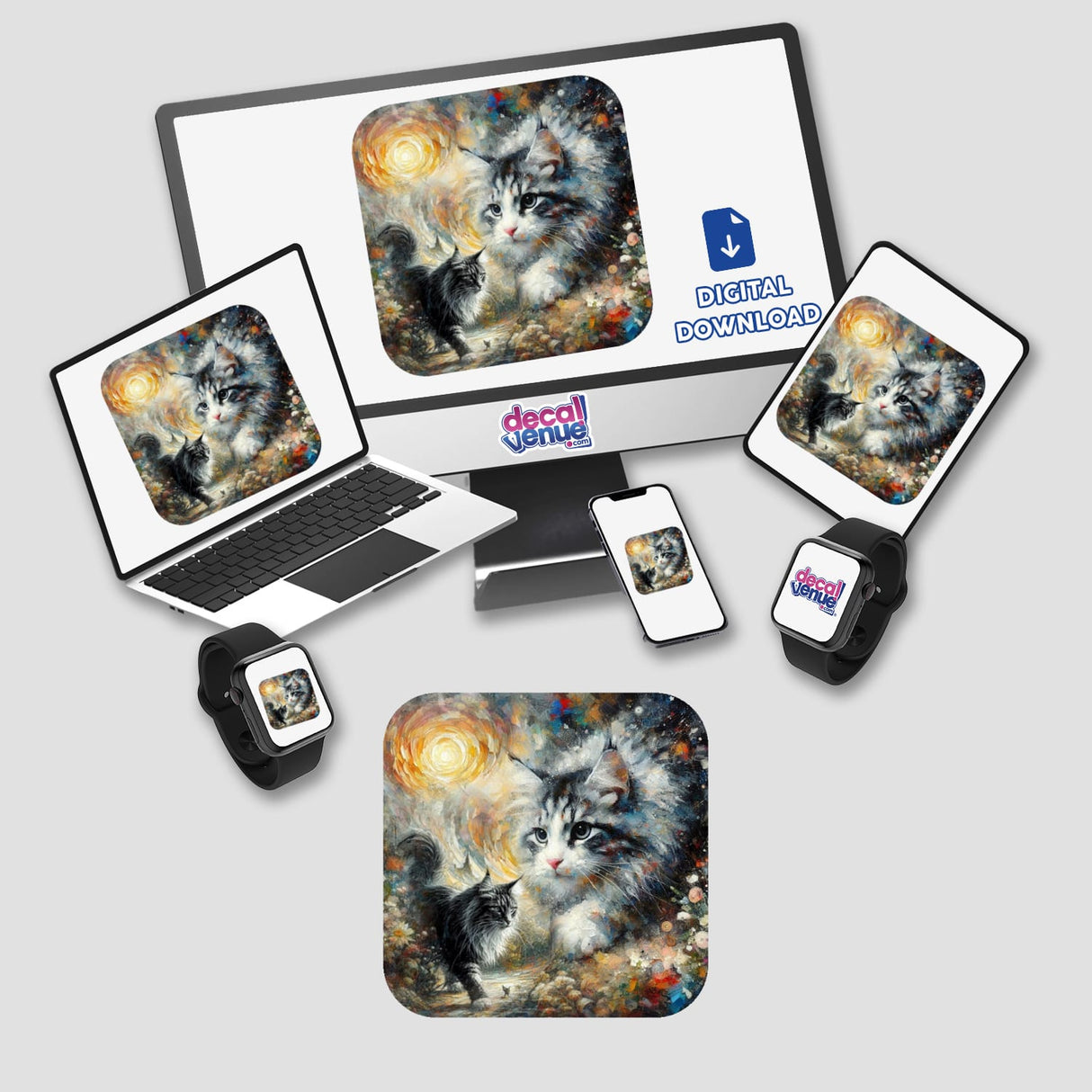 Maine Coon Kitty 2 digital artwork displayed on a laptop and smartwatch, featuring a captivating cat painting, available as stickers or digital art from Decal Venue.