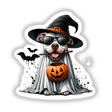 Dog dressed as a witch ghost with hat, sunglasses, holding a stick and Halloween bucket, available as stickers or digital artwork from Decal Venue.