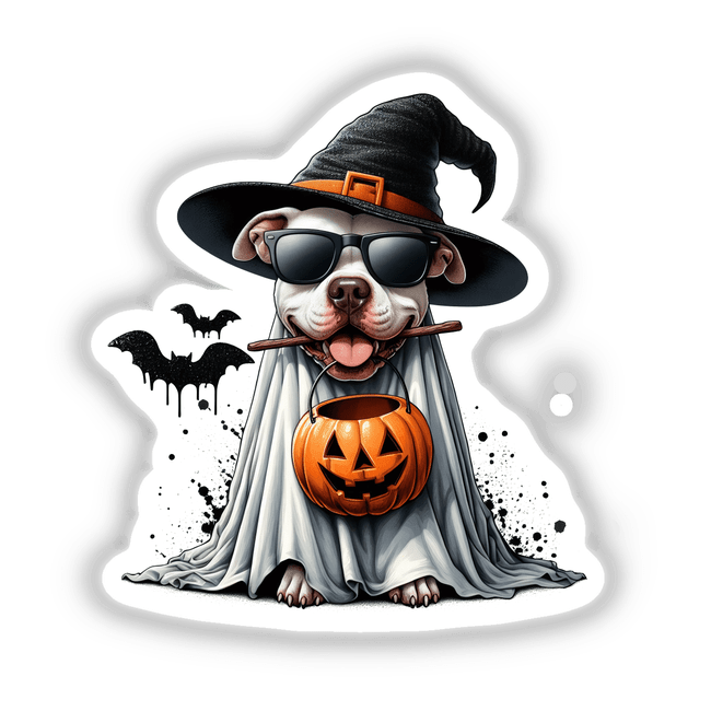 Dog dressed as a witch ghost with hat, sunglasses, holding a stick and Halloween bucket, available as stickers or digital artwork from Decal Venue.