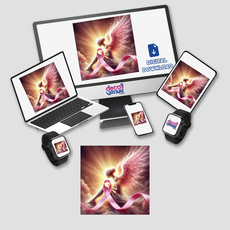 Guardian Angel - Wings Wrapped Around a Pink Ribbon artwork on a computer monitor and laptop screen, available as stickers or digital art from Decal Venue.