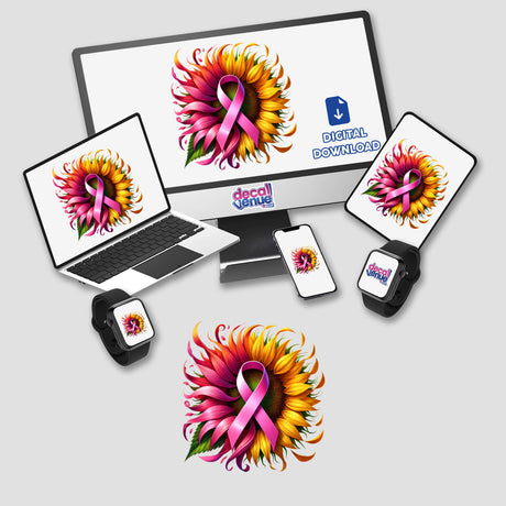 Sunflower Pink Ribbon Breast Cancer digital artwork featuring a computer monitor and laptop displaying a pink ribbon, symbolizing breast cancer awareness. Available as stickers or digital artwork.