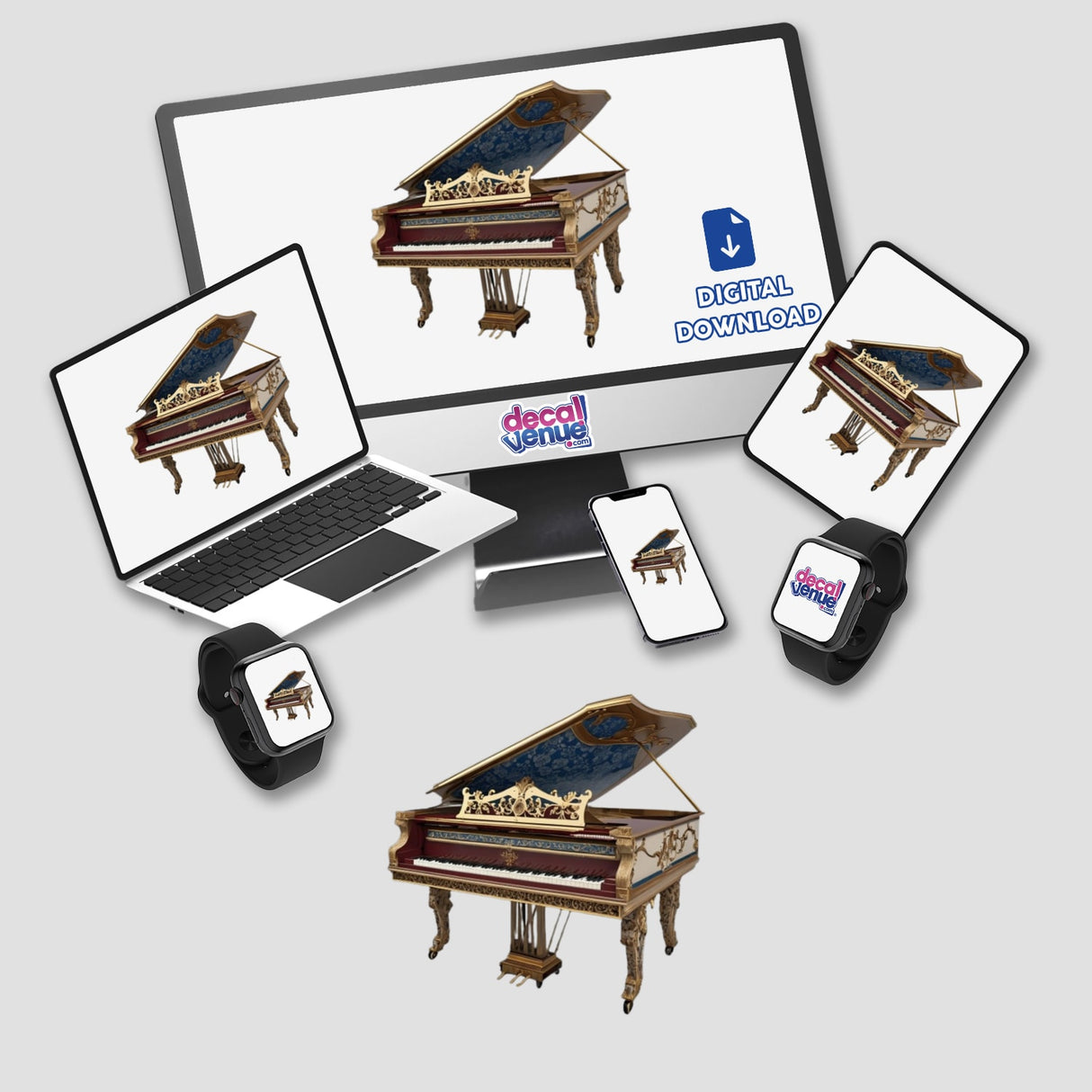 Baroque Harpsichord | Dark Academia Music Sticker featuring a detailed harpsichord design visible on a laptop and smart watch, reflecting Decal Venue's unique sticker and digital art collection.