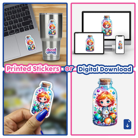 Adorable Chibi Girl in a Glass Bottle Surrounded by Stars and Planets, featured in a collage of images, including stickers, digital artwork, and various items displaying the character.