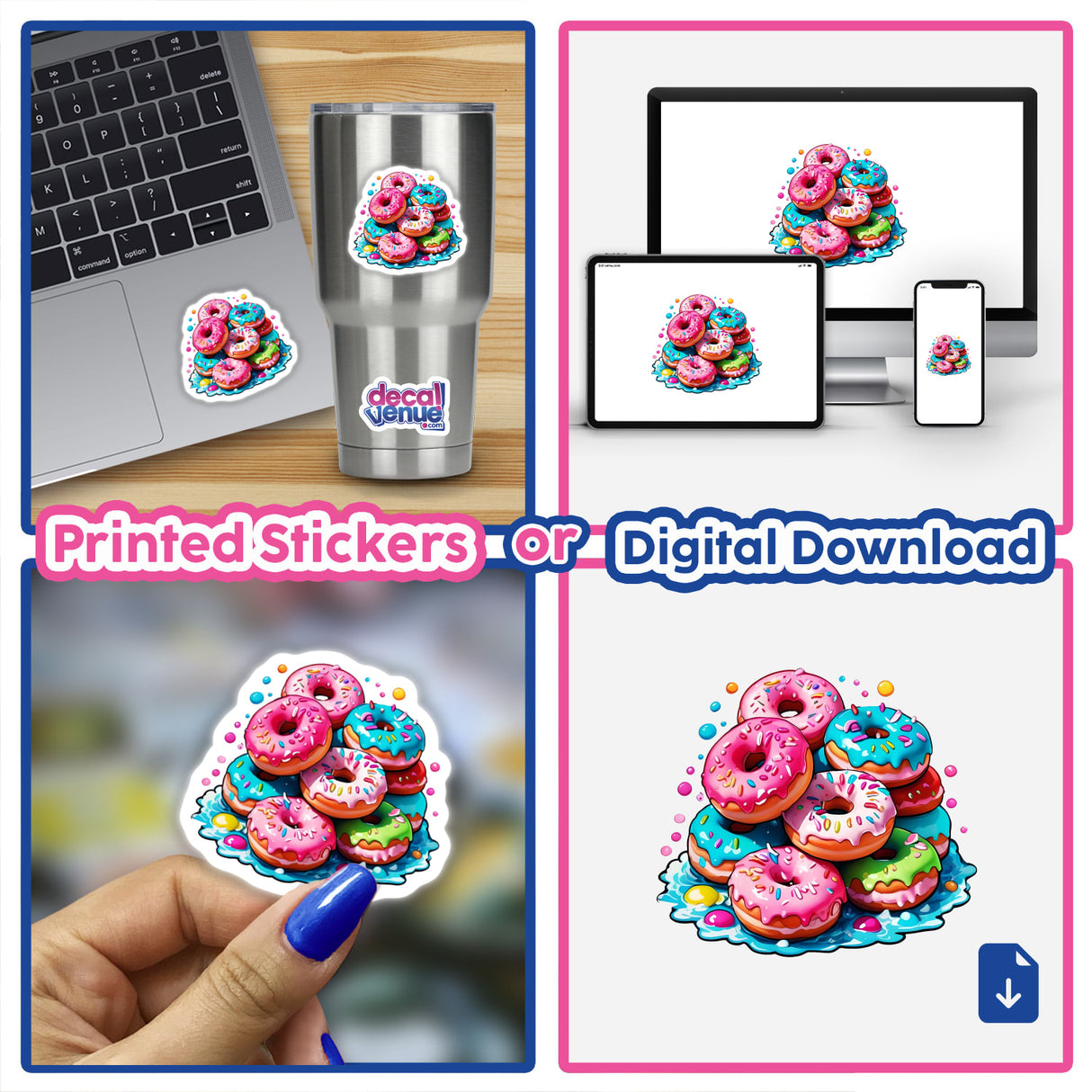 Collage of pink donuts with sprinkles from 'Yummy Pink Confetti Donut Stack,' available as stickers or digital artwork from Decal Venue.