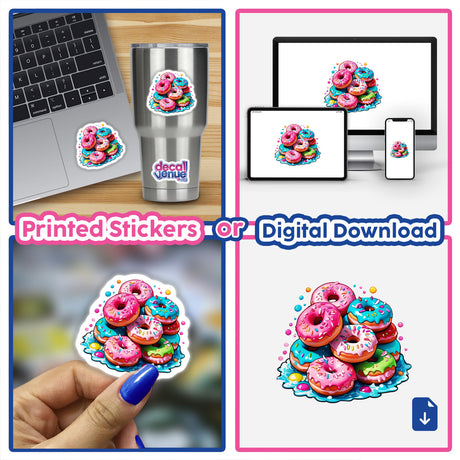 Collage of pink donuts with sprinkles from 'Yummy Pink Confetti Donut Stack,' available as stickers or digital artwork from Decal Venue.