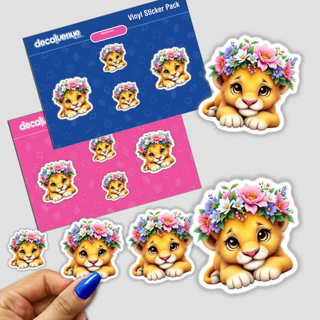 Majestic Lion Cub sticker featuring a cartoon lion with a blooming flower crown, available as stickers or digital artwork at Decal Venue. Perfect for adding whimsical charm to any surface.