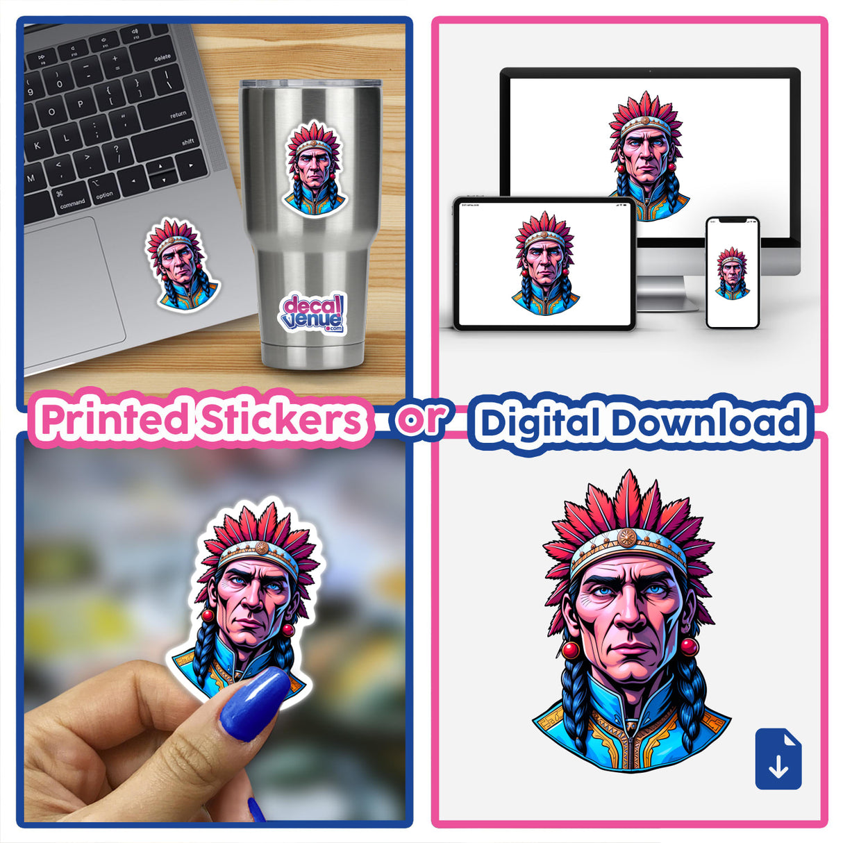 Collage featuring a laptop adorned with A Native American Warrior Chief sticker, showcasing a detailed cartoon of a man in a feathered headdress. Available as stickers or digital artwork.