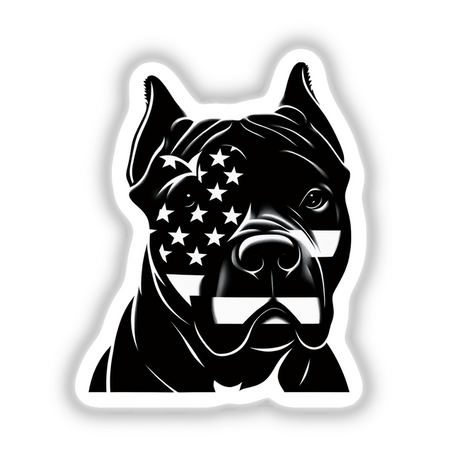 American Flag Tattoo Face Pitbull Dog in black and white, available as stickers or digital artwork.