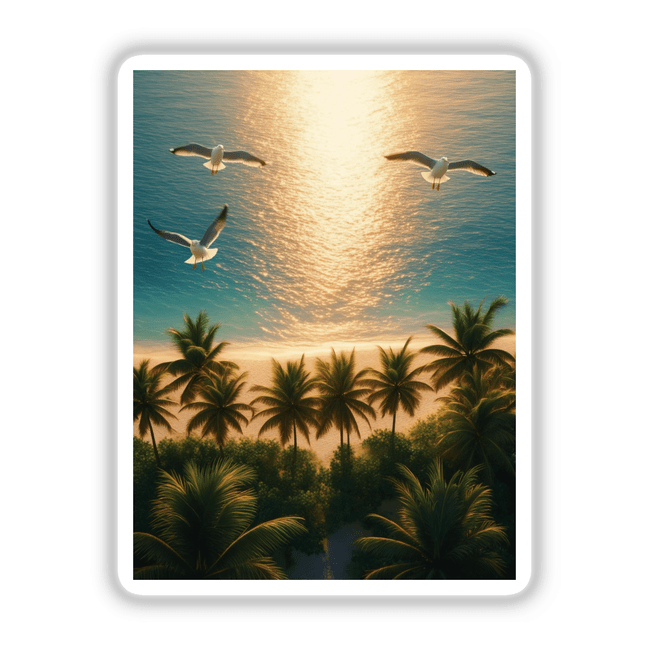 Sunset Over Tropical Beach – Palm Trees and Flying Seagulls artwork features birds soaring above a sandy beach and lush palm trees, capturing a serene coastal scene available as stickers or digital prints.