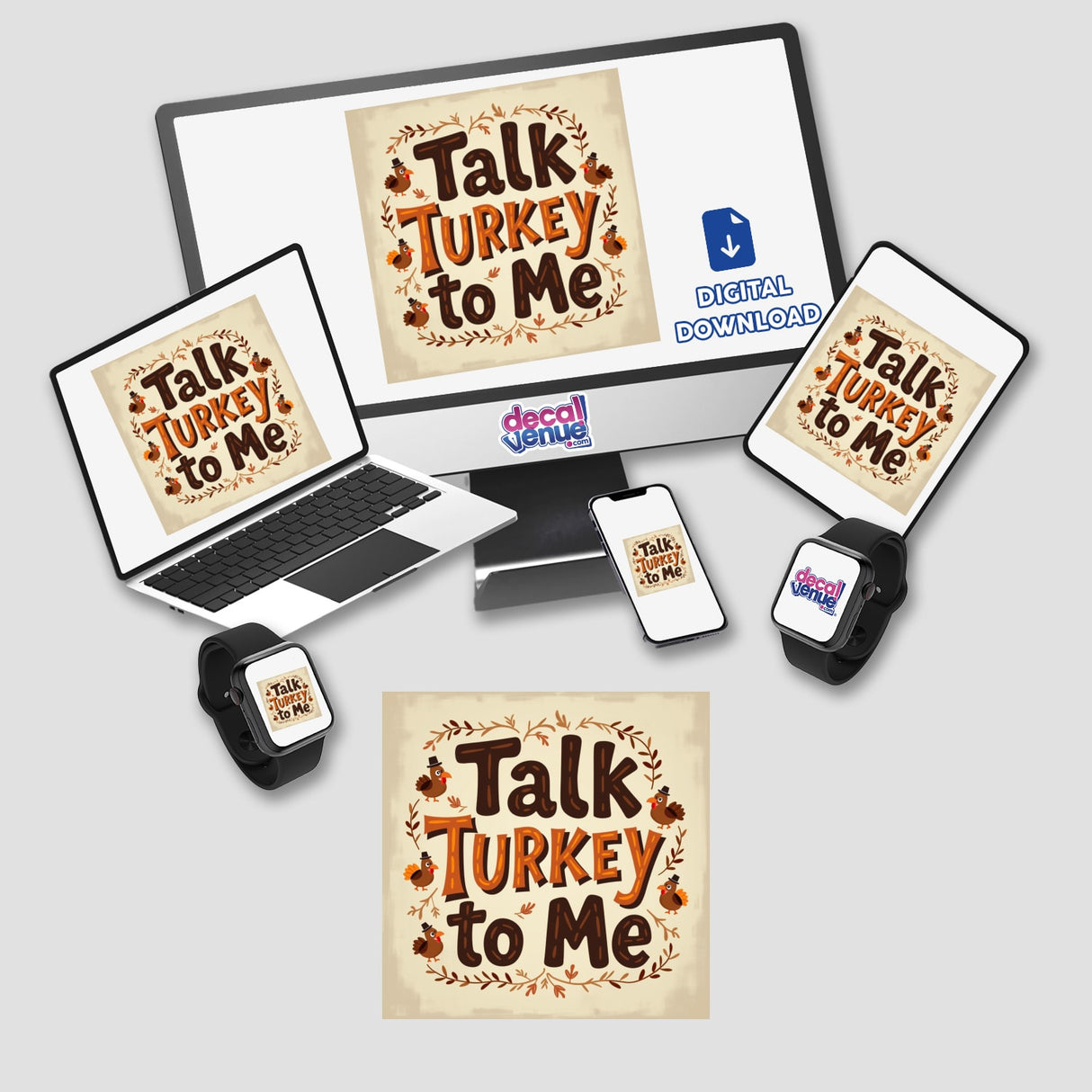 Talk Turkey to Me Funny Thanksgiving Sticker or Clipart features a laptop screen with a Thanksgiving turkey and leaf design, ideal for digital artwork or stickers with commercial rights.