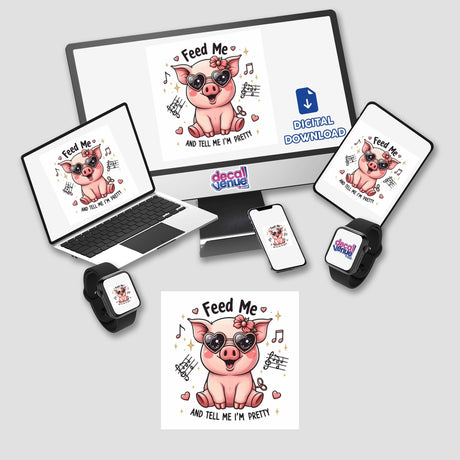 Sarcastic Quotes Series 8: A computer monitor and laptop display a cartoon pig wearing sunglasses, available as stickers or digital artwork.