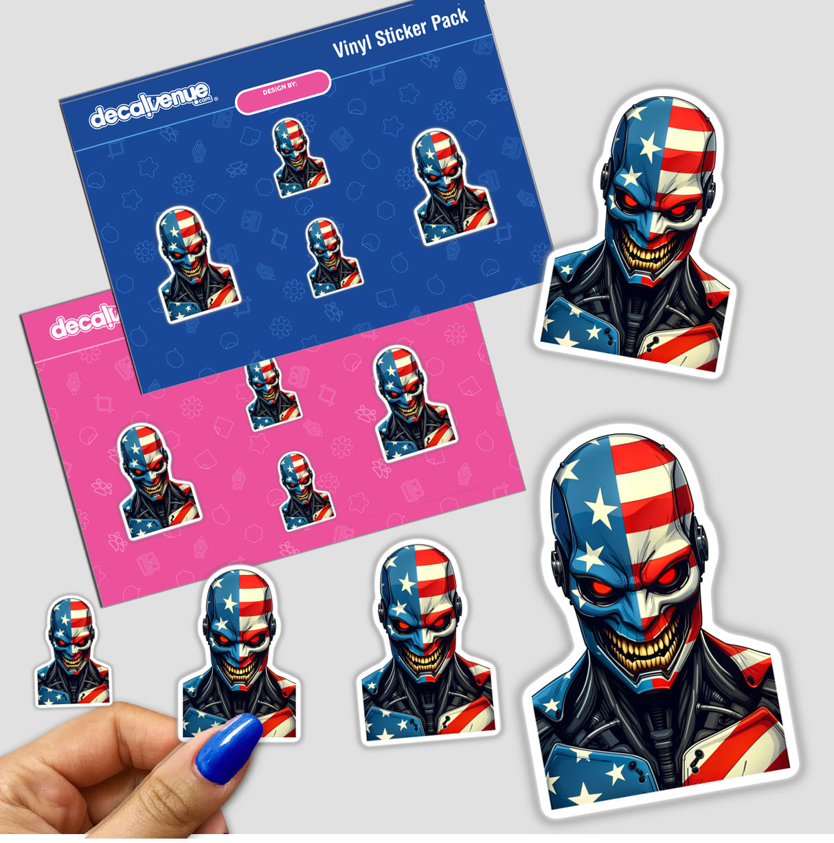 A Cool American Flag Army Cyborg sticker, featuring a robot with a flag motif, held in a hand. Available as unique stickers or digital artwork from Decal Venue.