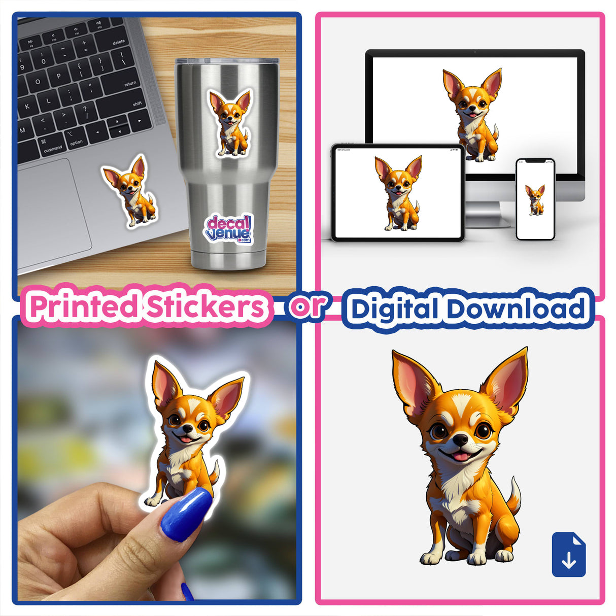 A collage featuring A Cute Chihuahua in various cartoon styles, available as unique vinyl stickers or digital artwork from Decal Venue.