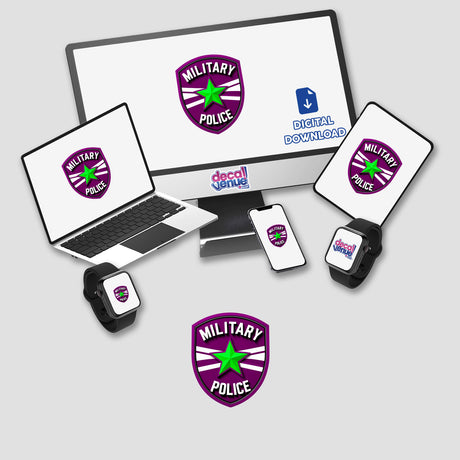 Military Police Shield Logo displayed on various devices, emphasizing its availability as stickers or digital artwork from Decal Venue, a store known for unique stickers and digital art.