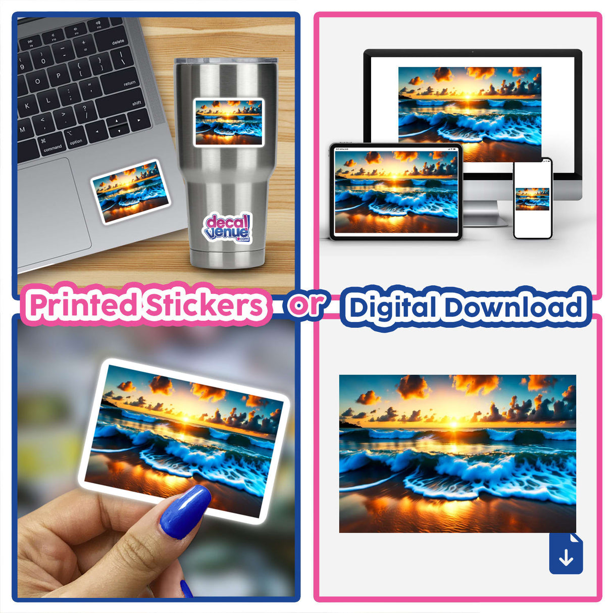 Tropical Paradise sticker or digital artwork featuring a close-up of a beach scene with waves, displayed on a laptop keyboard, highlighting detailed imagery perfect for decorating tech devices.