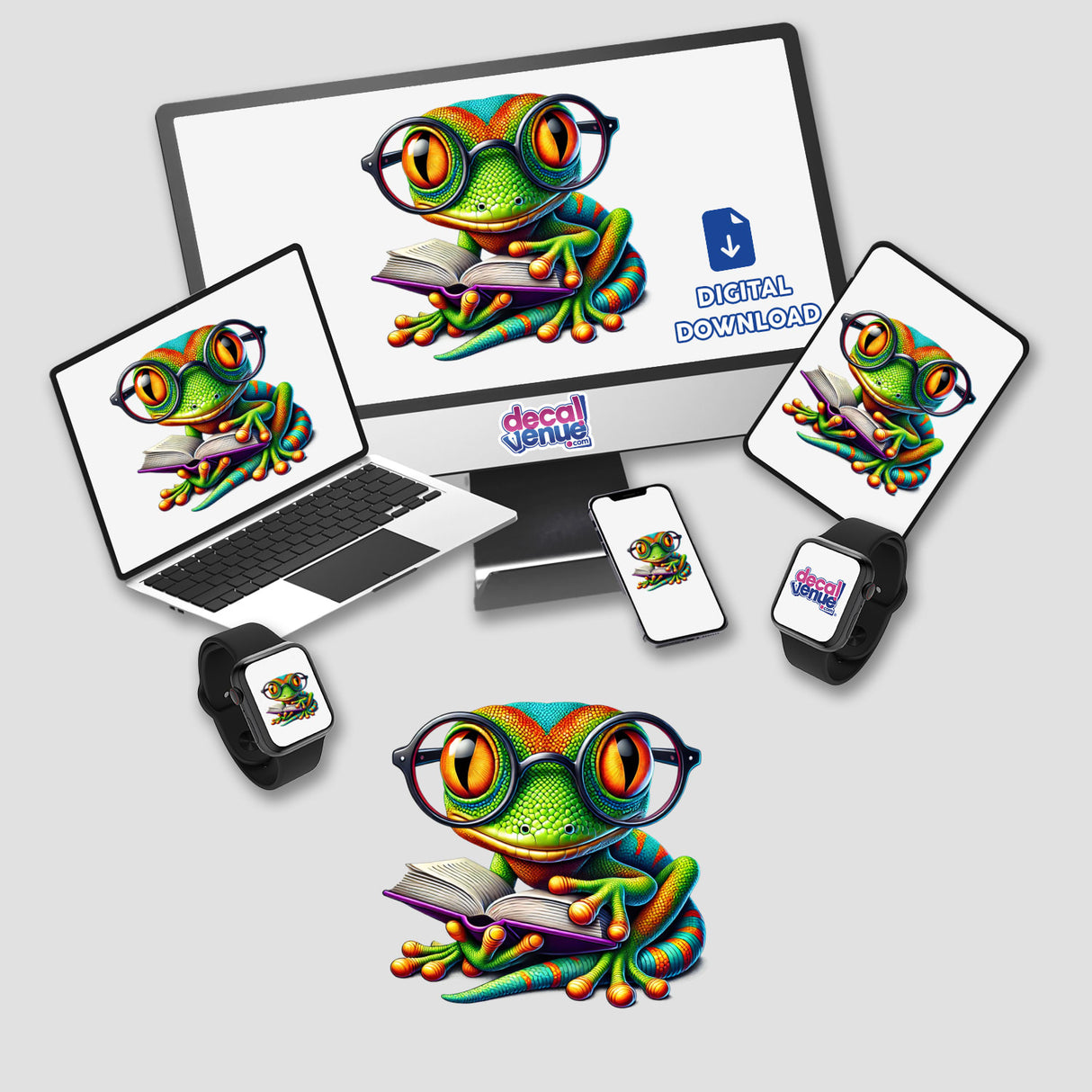 Gecko With Reading Glasses Open Book depicted as a cartoon on digital screens, available as stickers or digital artwork. Perfect for unique vinyl decals and digital art collections at Decal Venue.