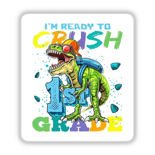 Cartoon dinosaur wearing sunglasses and a backpack, part of Decal Venue's Back to School Series 9 available as stickers or digital artwork.